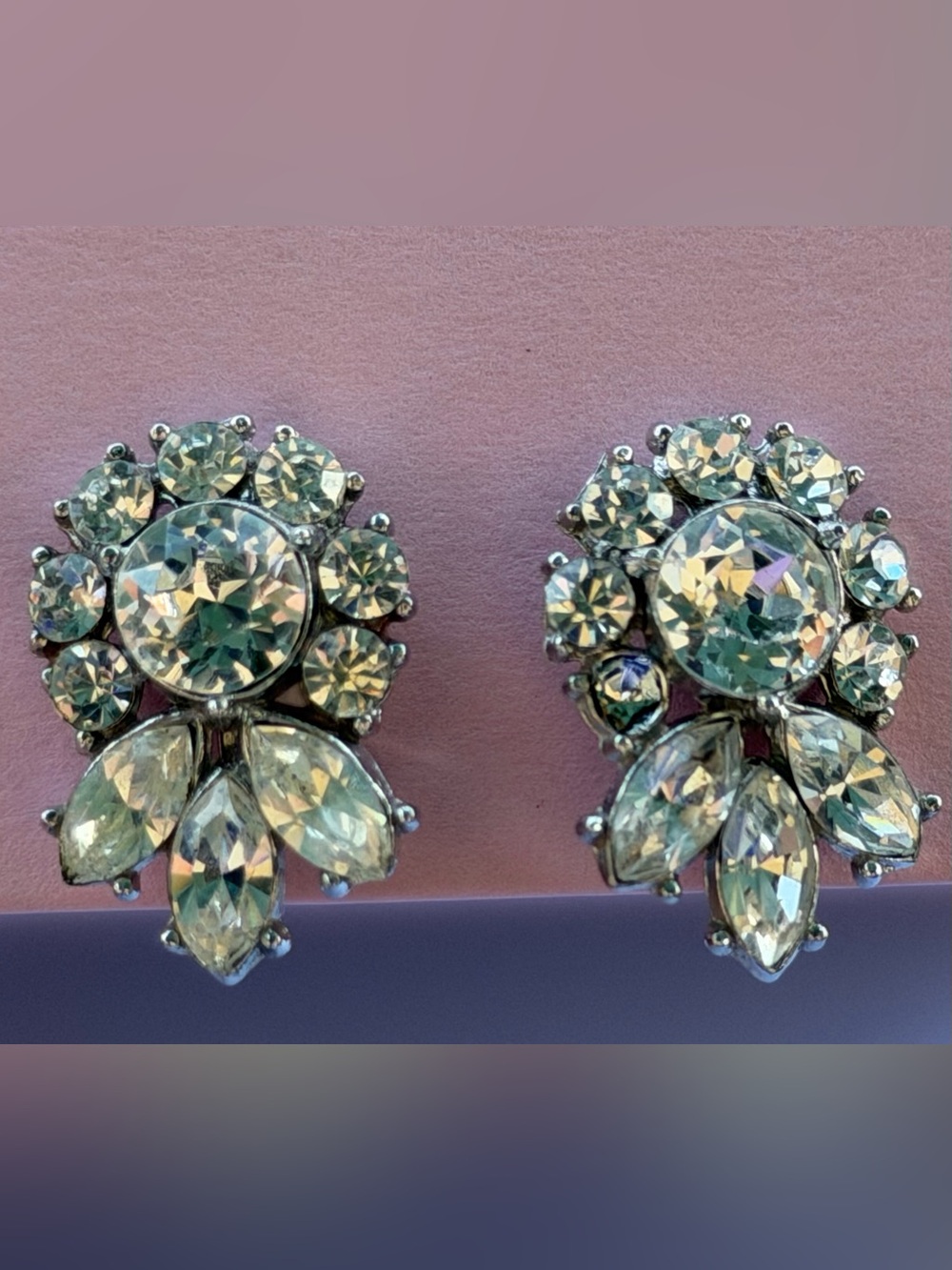 Vintage Crown Trifari Rhinestone Silver Clip On Earrings